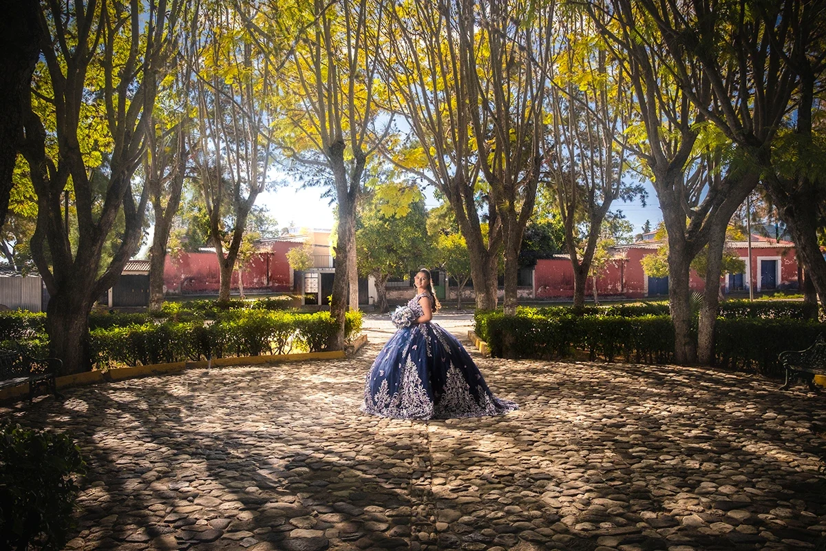 mujer con vestido elegante para fiesta de quince años, posando en un parque